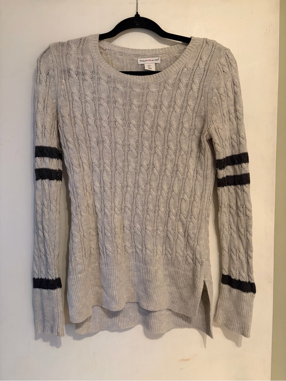 Cable Knit Crewneck Sweater - Light Gray with Black Stripes